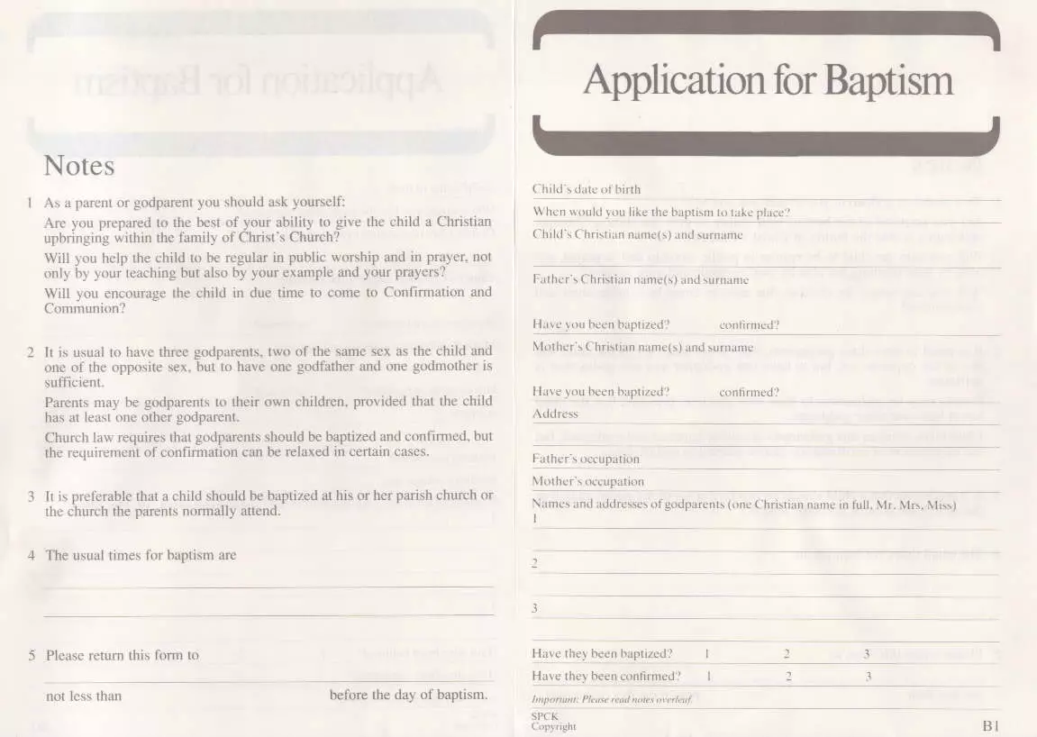 Application for Baptism: Form B1 : Pack of 50