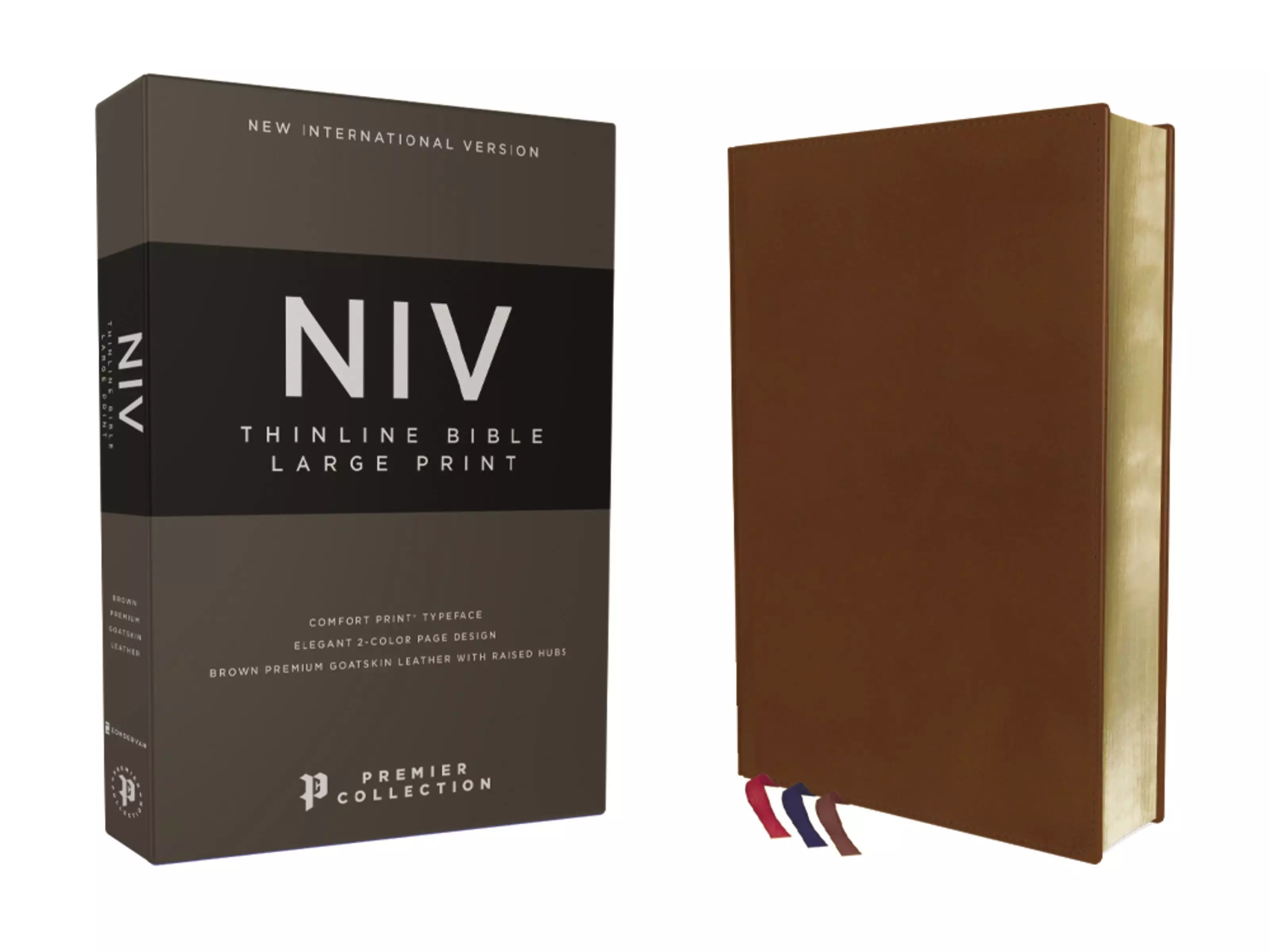 NIV, Thinline Bible, Large Print, Premium Goatskin Leather, Brown, Premier Collection, Black Letter, Art Gilded Edges, Comfort Print