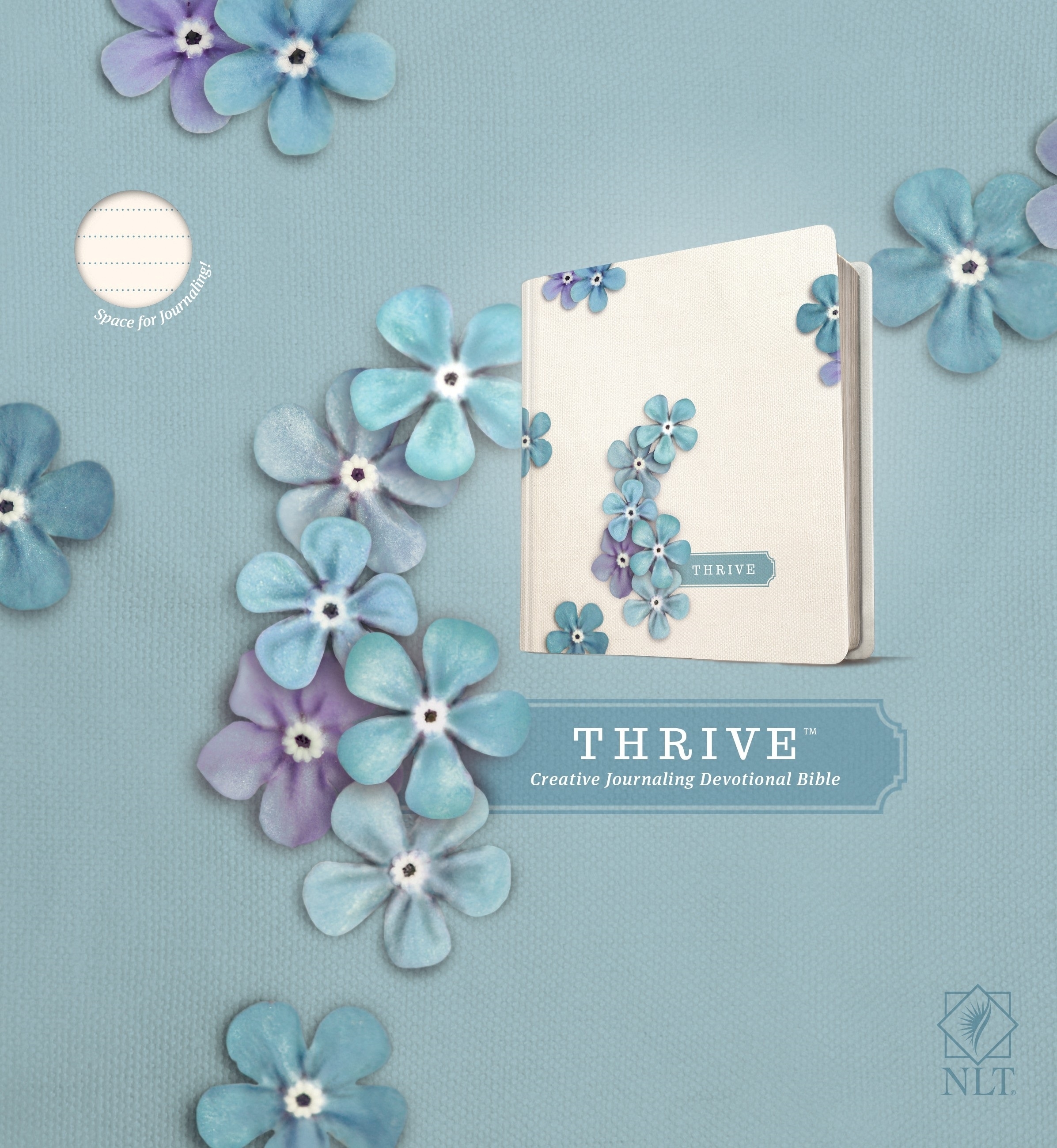 NLT THRIVE Creative Journaling Devotional Bible, Hardcover, Blue Flowers, Wide Margin, Presentation Page