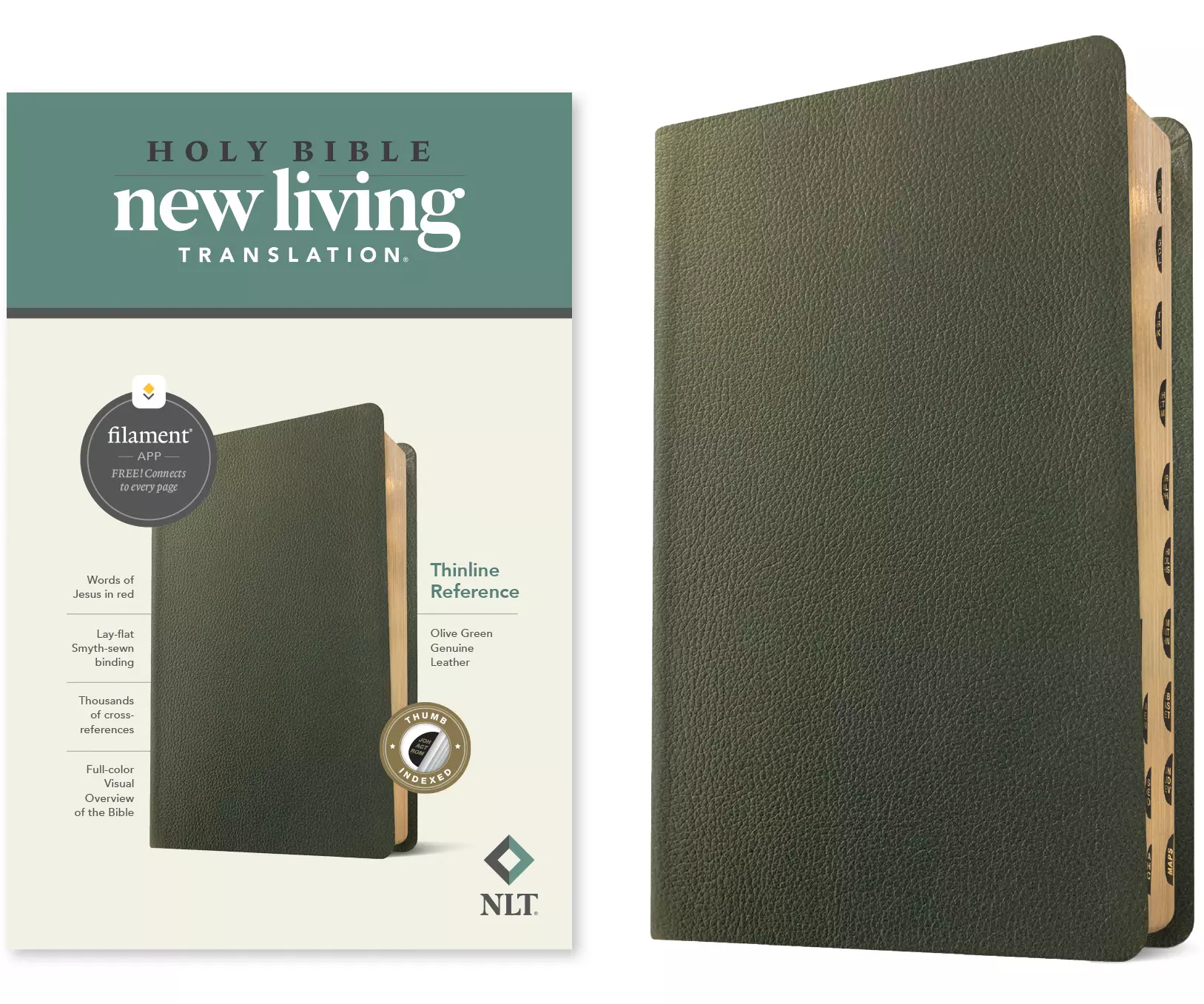 NLT Thinline Reference Bible, Filament-Enabled Edition (Genuine Leather, Olive Green, Indexed, Red Letter)
