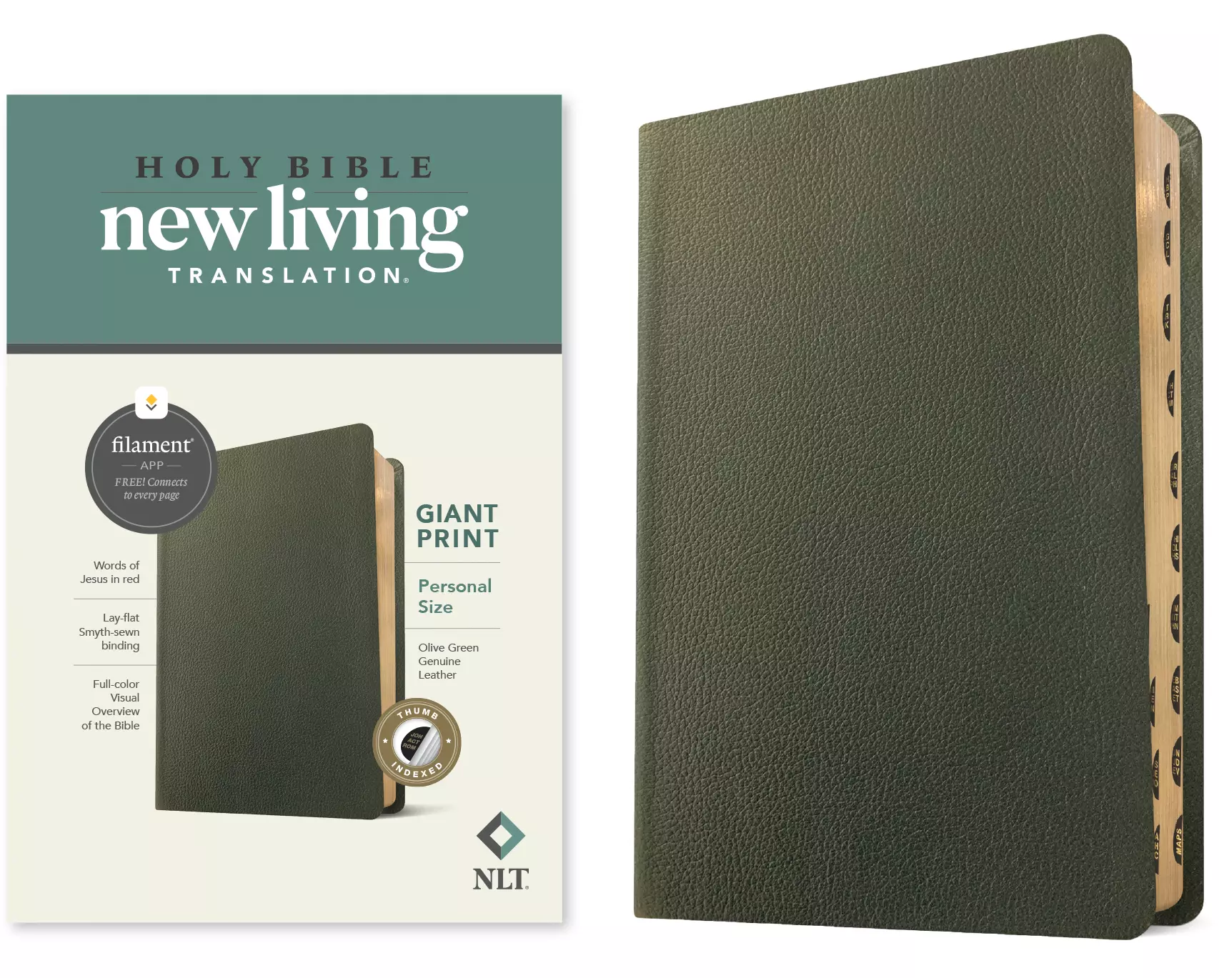 NLT Personal Size Giant Print Bible, Filament-Enabled Edition (Genuine Leather, Olive Green, Indexed, Red Letter)