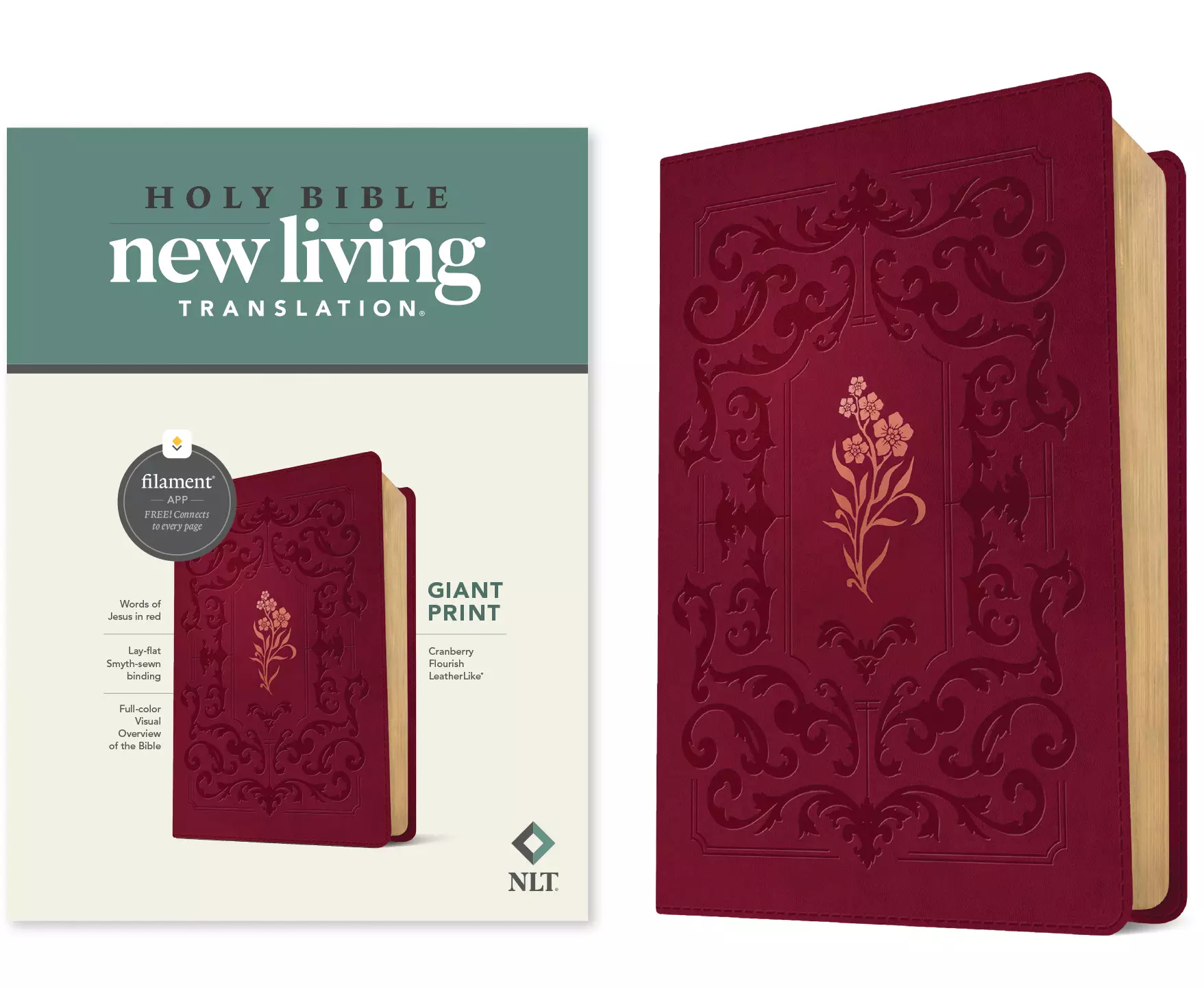 NLT Giant Print Bible, Filament-Enabled Edition (LeatherLike, Cranberry Flourish, Red Letter)
