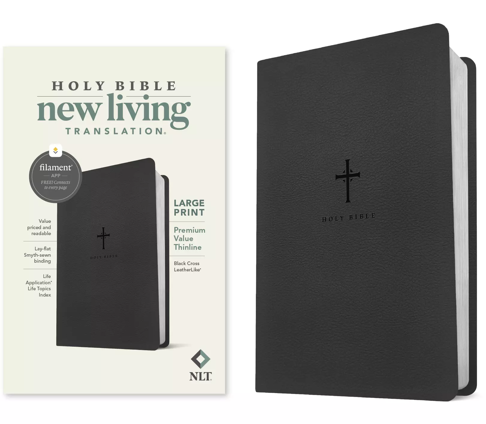 NLT Large Print Premium Value Thinline Bible, Filament-Enabled Edition (LeatherLike, Black Cross)