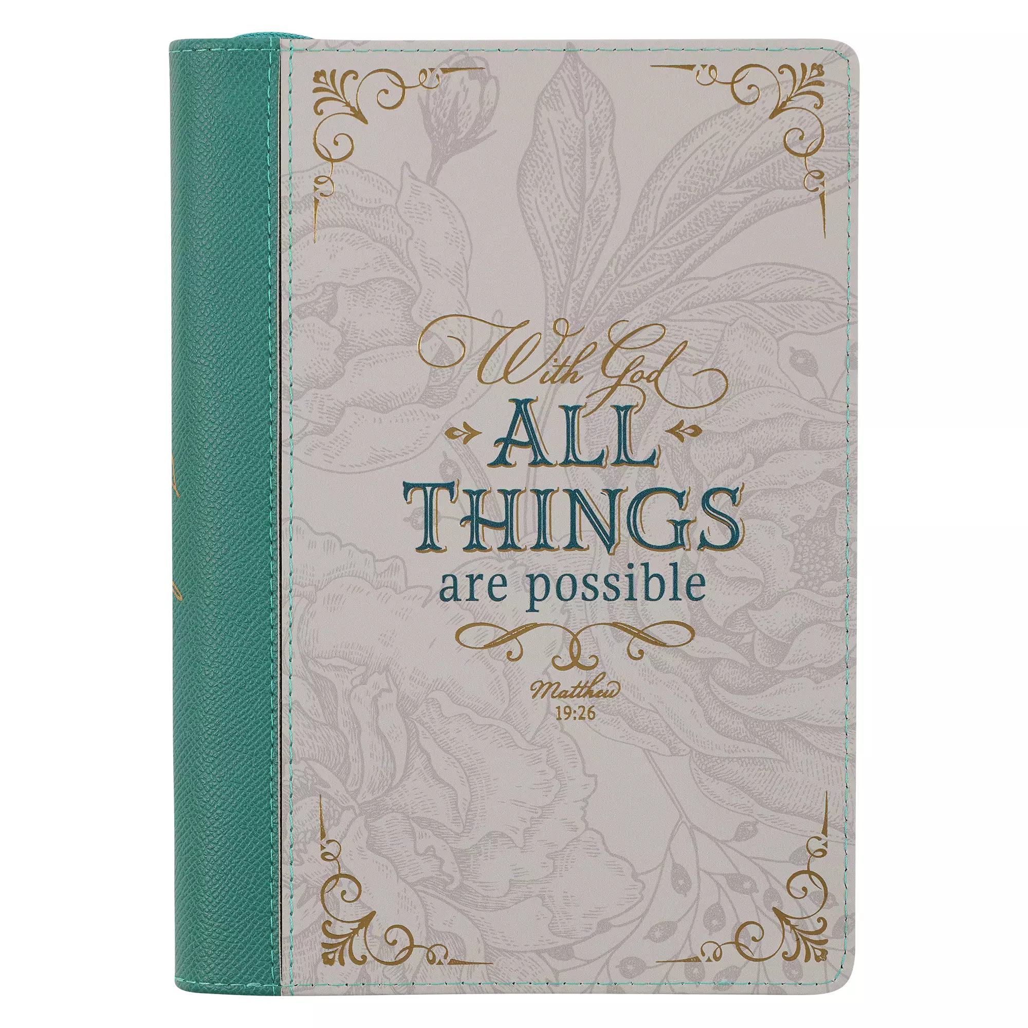 Journal Classic Zip Teal/White Floral Printed With God All Things Matt. 19:26