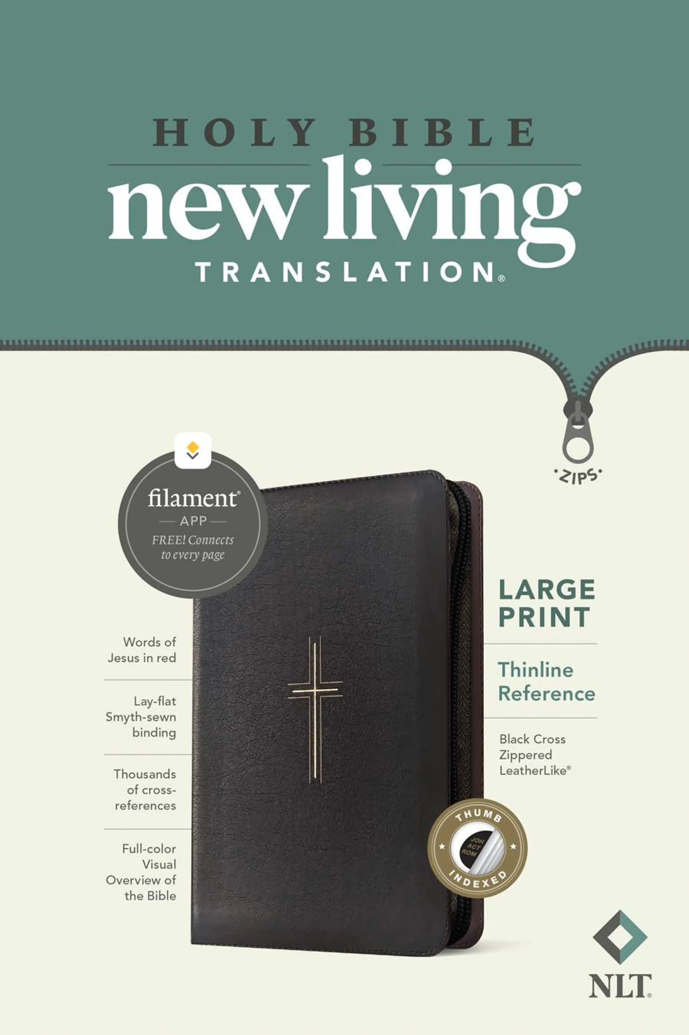 NLT Large Print Thinline Reference Zipper Bible, Filament Enabled